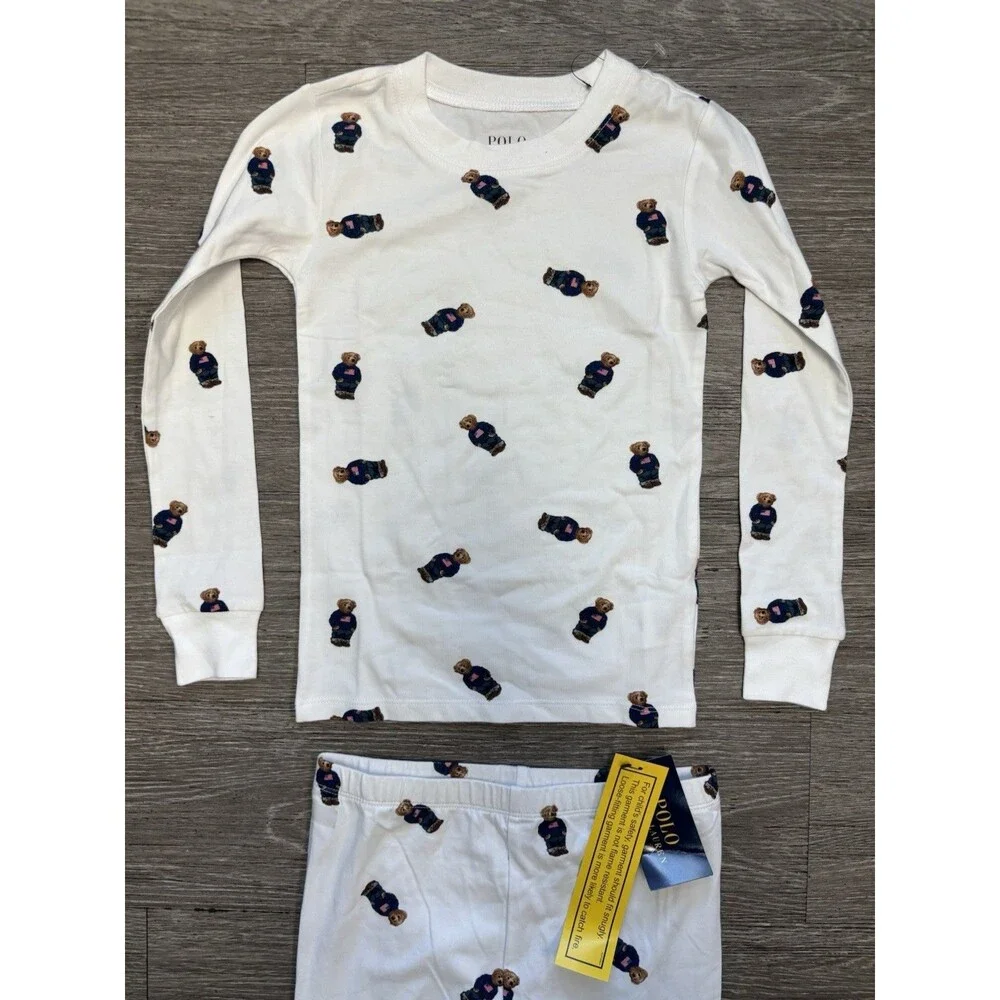 Polo Ralph Lauren Pajama Set All-over Polo Bear Print In White Size 8 NWT Kids
